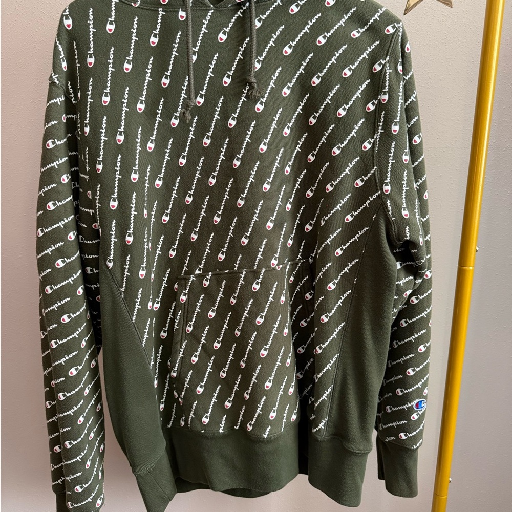 Champion Reverse Weave Logo Hoodie Olive Green Large